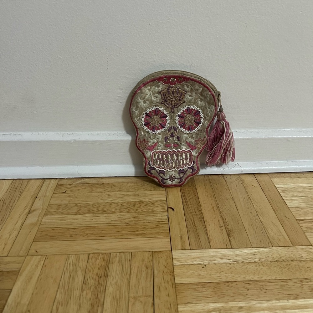 Embroidered Skull Coin Purse with Tassel
